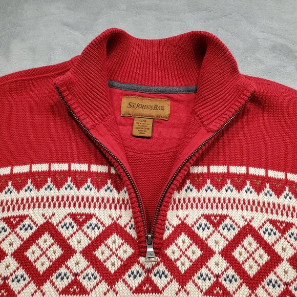 St John's Bay 1/4 Zip Ribbed Holiday Sweater White Red %100 Cotton Men Sz L - Picture 4 of 12